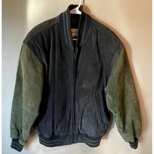 Vintage St John's Bay Suede Leather Bomber Jacket Green Black Mens Medium